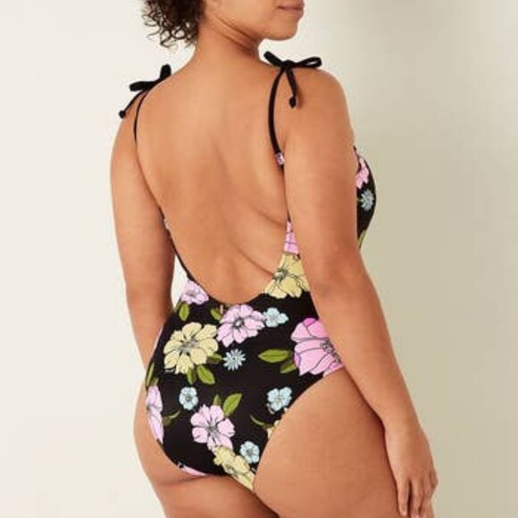 Pink Victoria’s Secret Plunge One-Piece Swimsuit Black Floral Size L NWOT - Picture 2 of 3